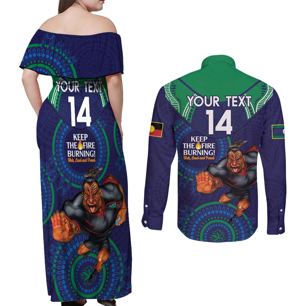 Custom NRL Warriors NAIDOC Week Couples Matching Off Shoulder Maxi Dress and Long Sleeve Button Shirt Keep The Fire Burning Indigenous Art