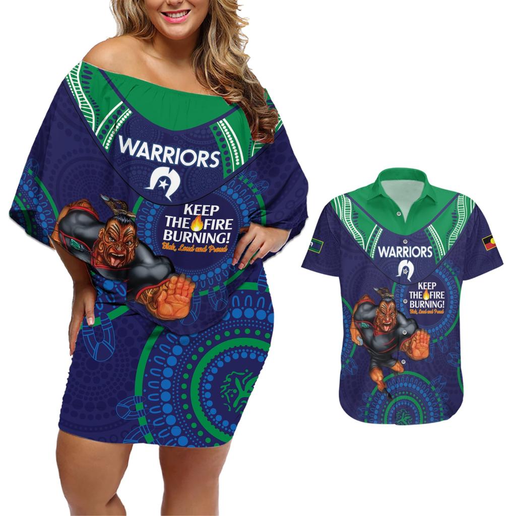 Custom NRL Warriors NAIDOC Week Couples Matching Off Shoulder Short Dress and Hawaiian Shirt Keep The Fire Burning Indigenous Art