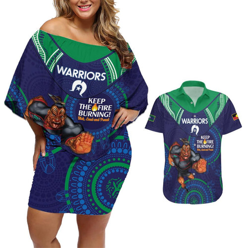 Custom NRL Warriors NAIDOC Week Couples Matching Off Shoulder Short Dress and Hawaiian Shirt Keep The Fire Burning Indigenous Art