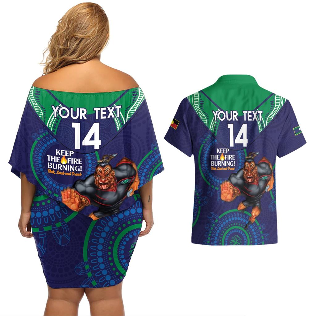 Custom NRL Warriors NAIDOC Week Couples Matching Off Shoulder Short Dress and Hawaiian Shirt Keep The Fire Burning Indigenous Art
