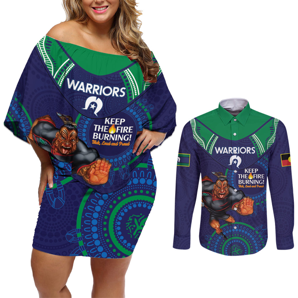 Custom NRL Warriors NAIDOC Week Couples Matching Off Shoulder Short Dress and Long Sleeve Button Shirt Keep The Fire Burning Indigenous Art