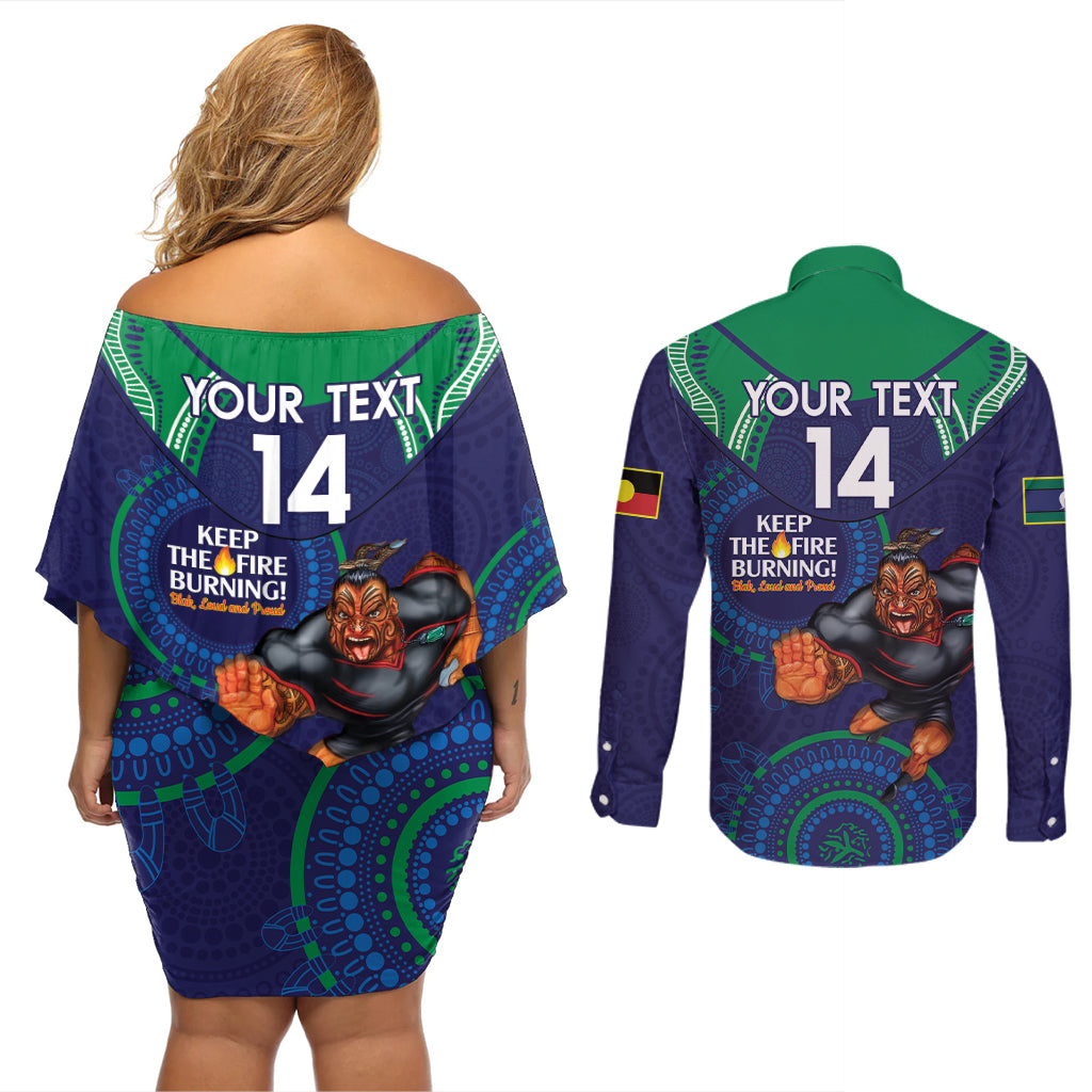 Custom NRL Warriors NAIDOC Week Couples Matching Off Shoulder Short Dress and Long Sleeve Button Shirt Keep The Fire Burning Indigenous Art