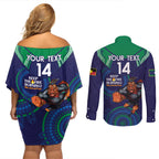 Custom NRL Warriors NAIDOC Week Couples Matching Off Shoulder Short Dress and Long Sleeve Button Shirt Keep The Fire Burning Indigenous Art