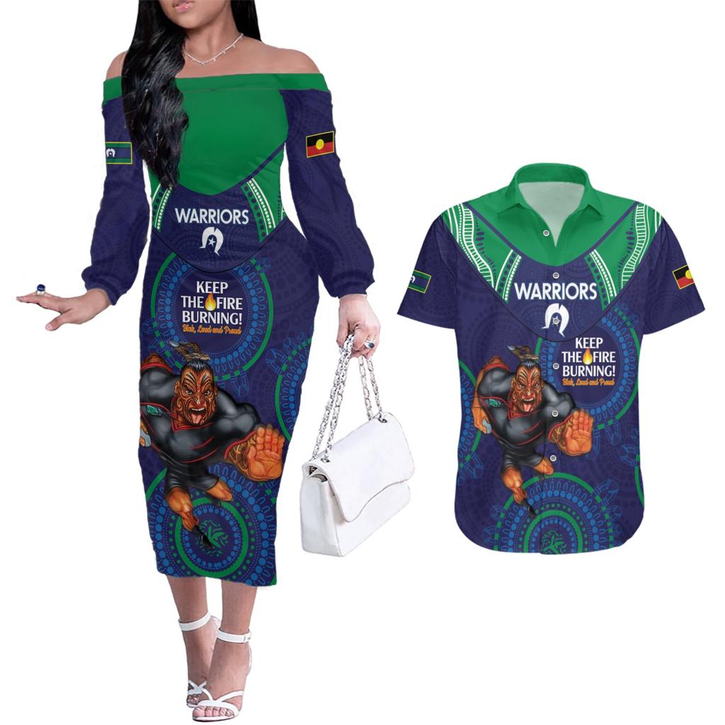 Custom NRL Warriors NAIDOC Week Couples Matching Off The Shoulder Long Sleeve Dress and Hawaiian Shirt Keep The Fire Burning Indigenous Art