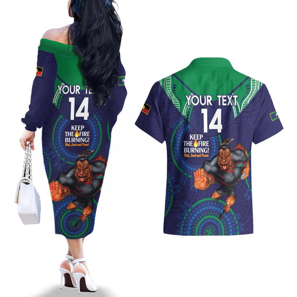 Custom NRL Warriors NAIDOC Week Couples Matching Off The Shoulder Long Sleeve Dress and Hawaiian Shirt Keep The Fire Burning Indigenous Art