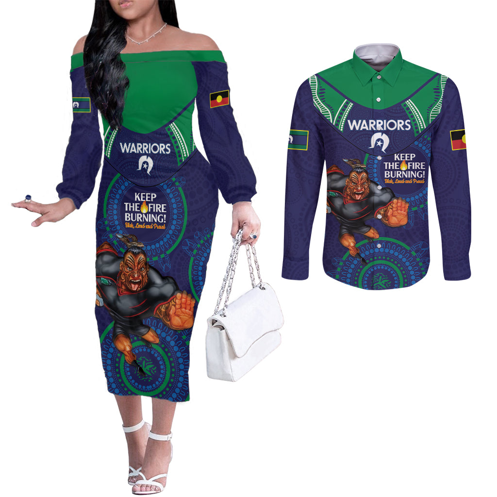 Custom NRL Warriors NAIDOC Week Couples Matching Off The Shoulder Long Sleeve Dress and Long Sleeve Button Shirt Keep The Fire Burning Indigenous Art