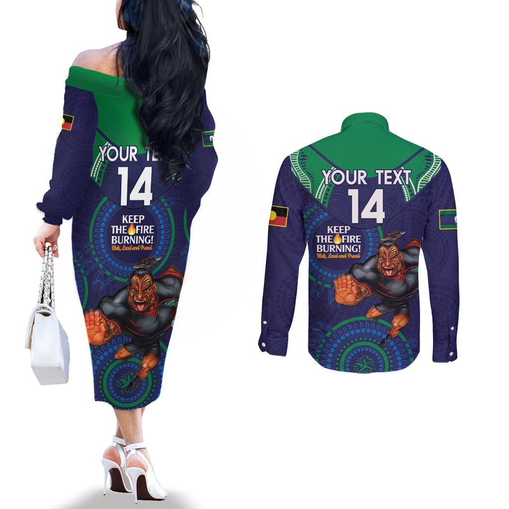 Custom NRL Warriors NAIDOC Week Couples Matching Off The Shoulder Long Sleeve Dress and Long Sleeve Button Shirt Keep The Fire Burning Indigenous Art