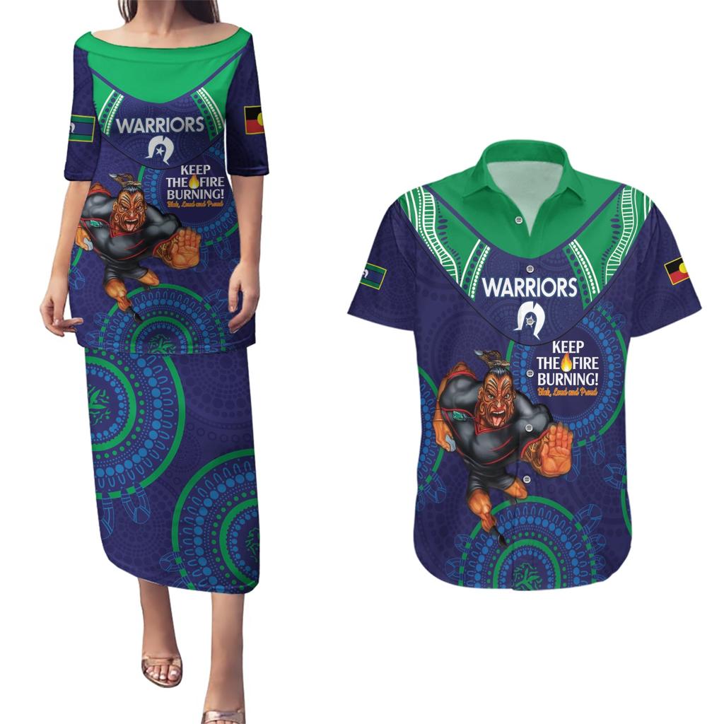 Custom NRL Warriors NAIDOC Week Couples Matching Puletasi and Hawaiian Shirt Keep The Fire Burning Indigenous Art