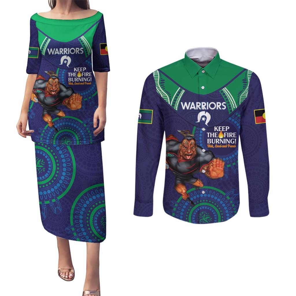 Custom NRL Warriors NAIDOC Week Couples Matching Puletasi and Long Sleeve Button Shirt Keep The Fire Burning Indigenous Art