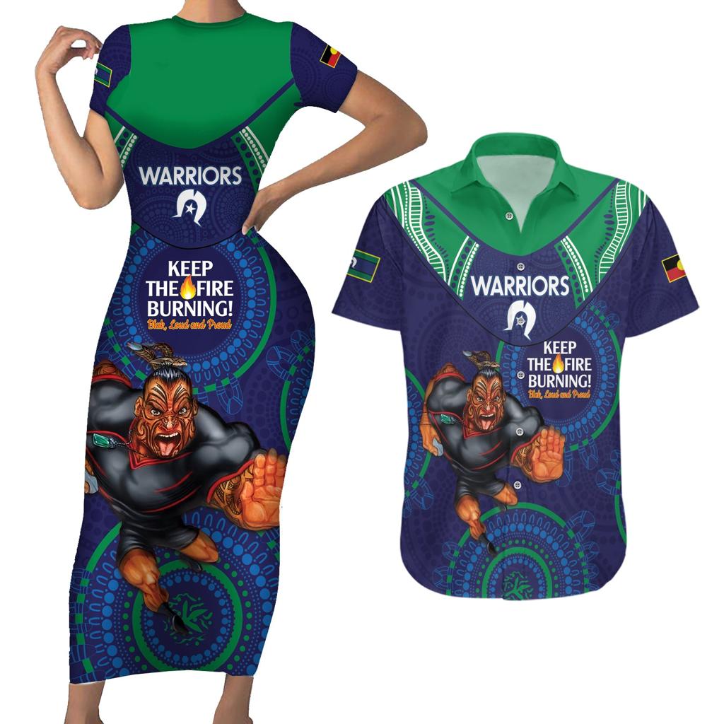 Custom NRL Warriors NAIDOC Week Couples Matching Short Sleeve Bodycon Dress and Hawaiian Shirt Keep The Fire Burning Indigenous Art