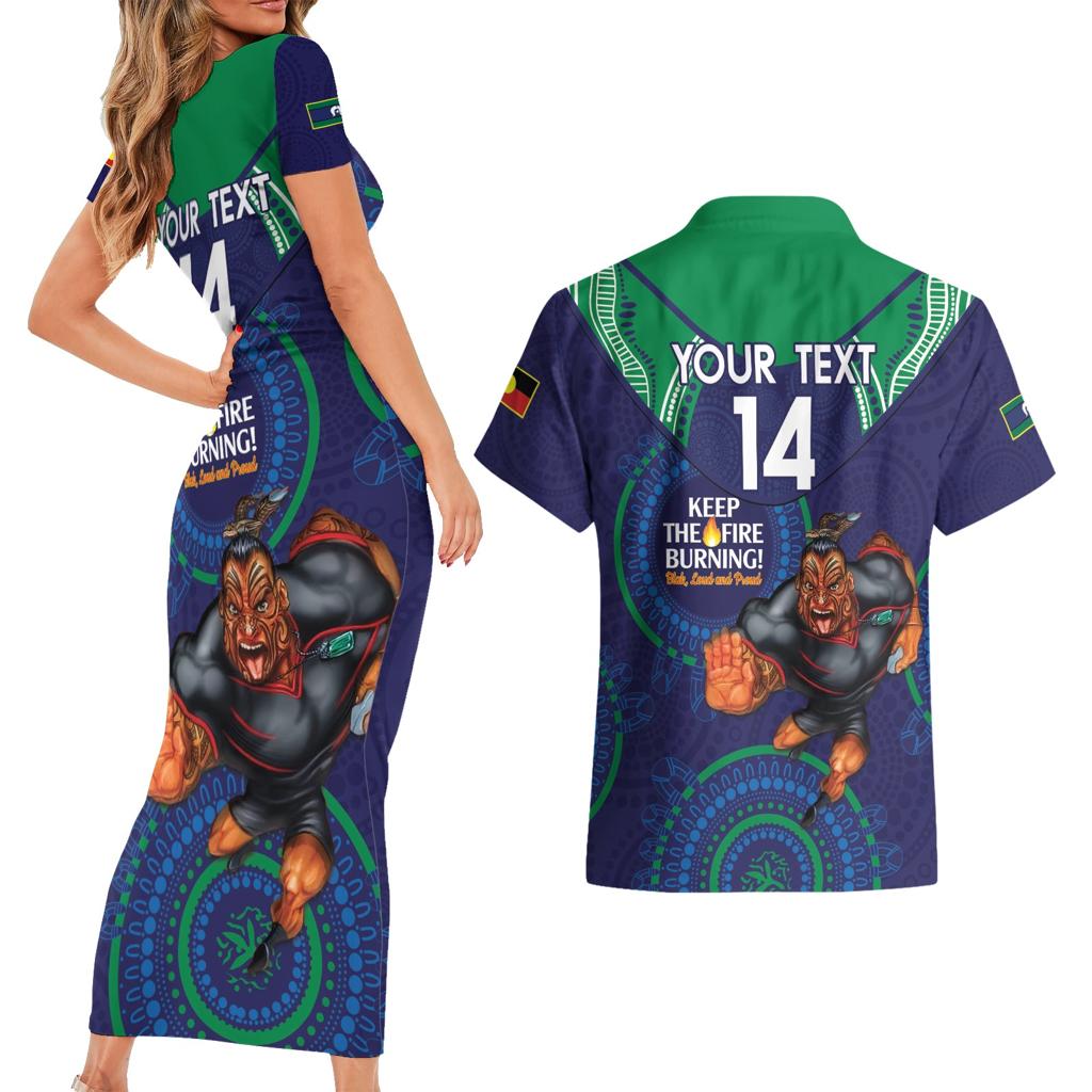 Custom NRL Warriors NAIDOC Week Couples Matching Short Sleeve Bodycon Dress and Hawaiian Shirt Keep The Fire Burning Indigenous Art