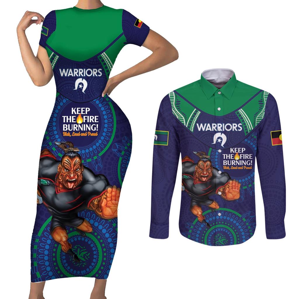 Custom NRL Warriors NAIDOC Week Couples Matching Short Sleeve Bodycon Dress and Long Sleeve Button Shirt Keep The Fire Burning Indigenous Art
