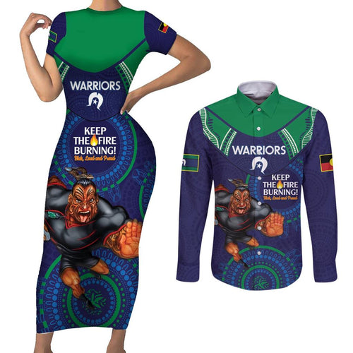 Custom NRL Warriors NAIDOC Week Couples Matching Short Sleeve Bodycon Dress and Long Sleeve Button Shirt Keep The Fire Burning Indigenous Art