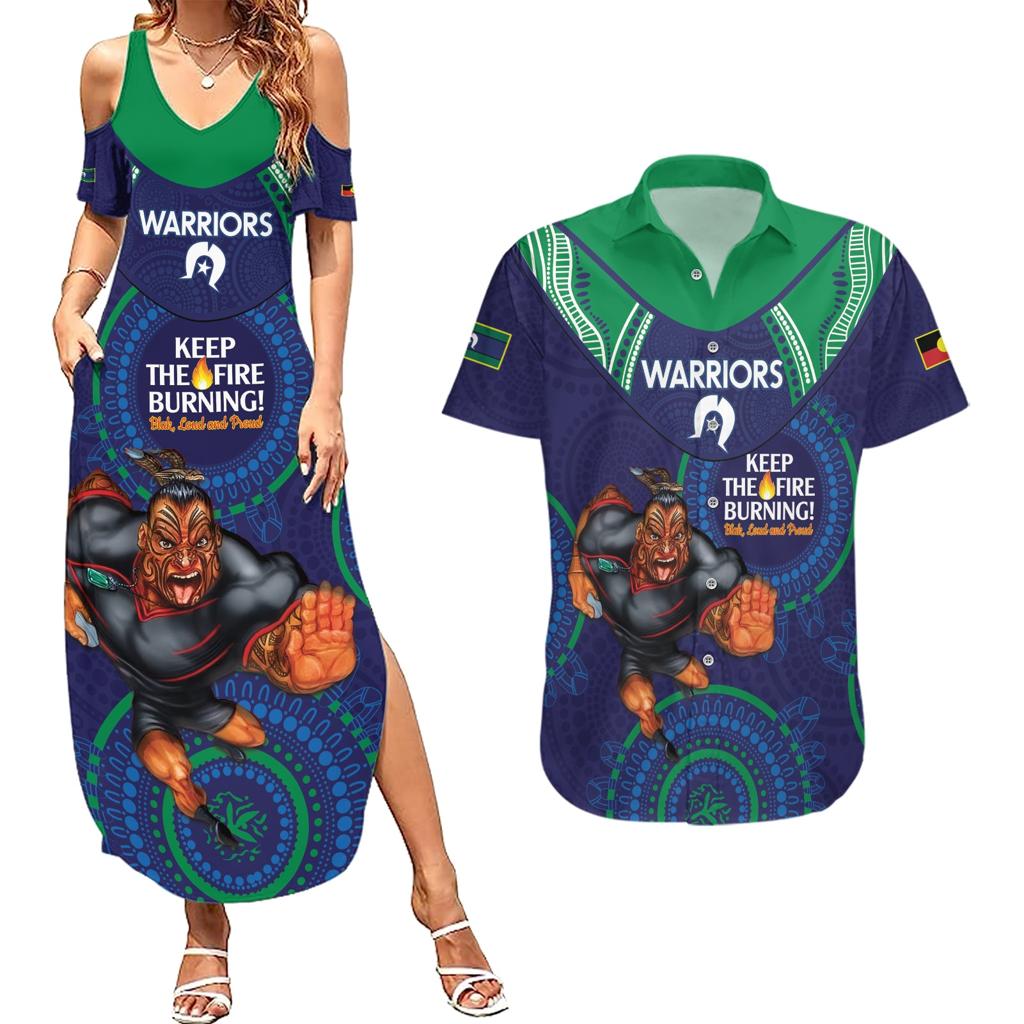 Custom NRL Warriors NAIDOC Week Couples Matching Summer Maxi Dress and Hawaiian Shirt Keep The Fire Burning Indigenous Art