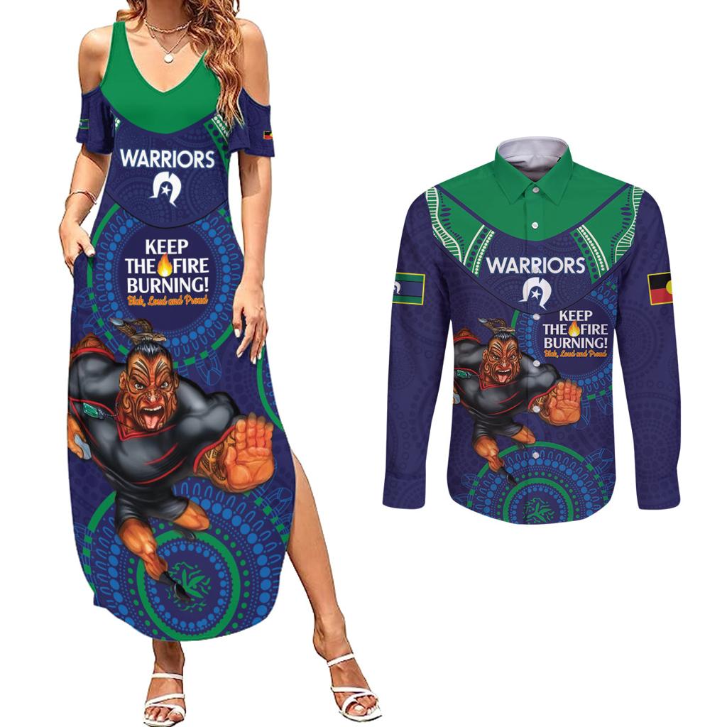 Custom NRL Warriors NAIDOC Week Couples Matching Summer Maxi Dress and Long Sleeve Button Shirt Keep The Fire Burning Indigenous Art