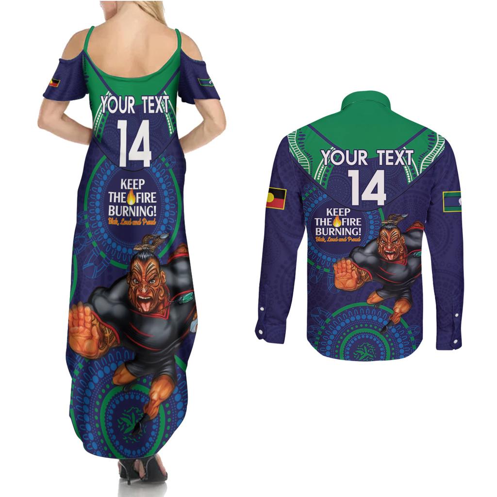 Custom NRL Warriors NAIDOC Week Couples Matching Summer Maxi Dress and Long Sleeve Button Shirt Keep The Fire Burning Indigenous Art