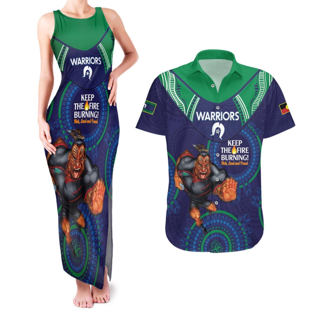 Custom NRL Warriors NAIDOC Week Couples Matching Tank Maxi Dress and Hawaiian Shirt Keep The Fire Burning Indigenous Art