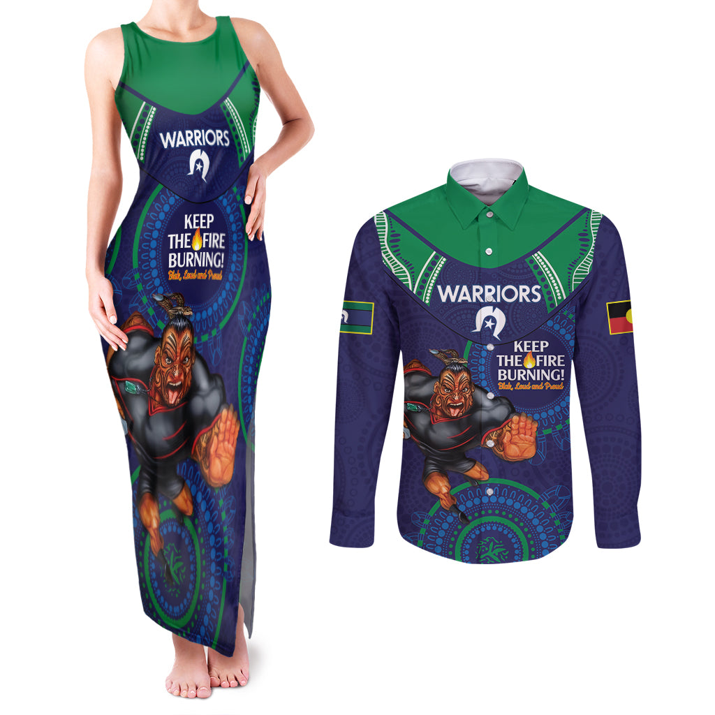 Custom NRL Warriors NAIDOC Week Couples Matching Tank Maxi Dress and Long Sleeve Button Shirt Keep The Fire Burning Indigenous Art