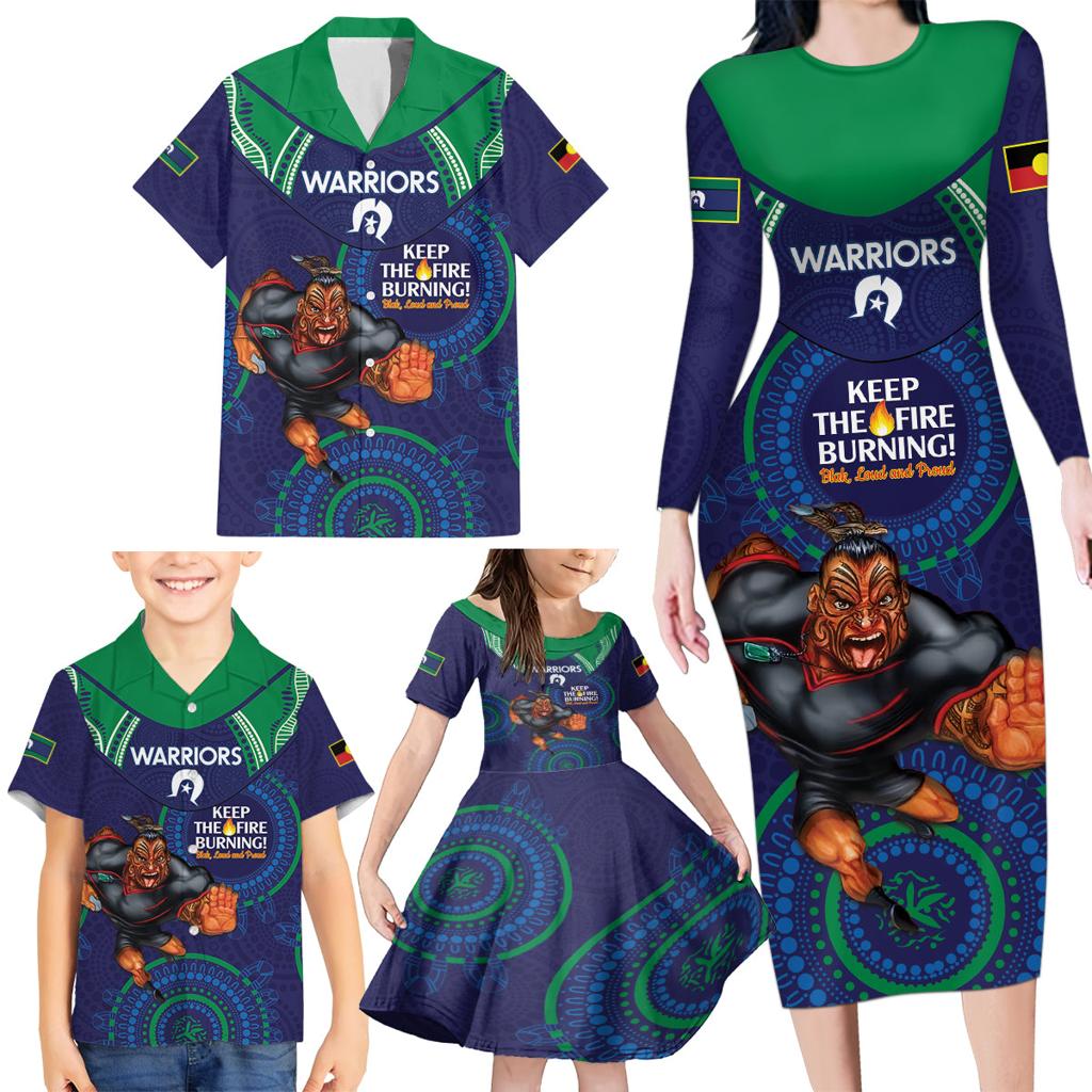 Custom NRL Warriors NAIDOC Week Family Matching Long Sleeve Bodycon Dress and Hawaiian Shirt Keep The Fire Burning Indigenous Art
