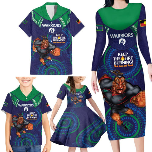 Custom NRL Warriors NAIDOC Week Family Matching Long Sleeve Bodycon Dress and Hawaiian Shirt Keep The Fire Burning Indigenous Art