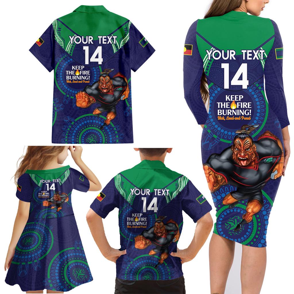 Custom NRL Warriors NAIDOC Week Family Matching Long Sleeve Bodycon Dress and Hawaiian Shirt Keep The Fire Burning Indigenous Art