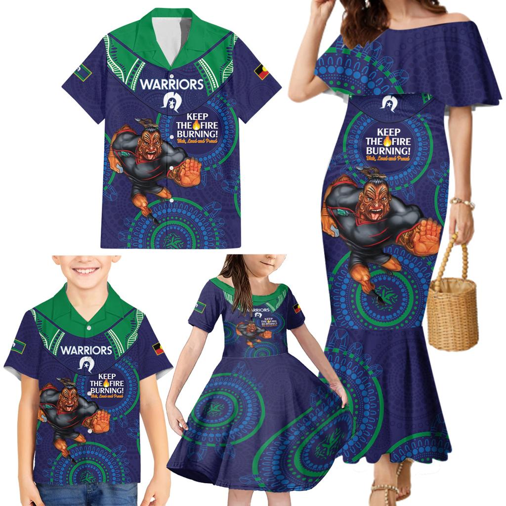 Custom NRL Warriors NAIDOC Week Family Matching Mermaid Dress and Hawaiian Shirt Keep The Fire Burning Indigenous Art