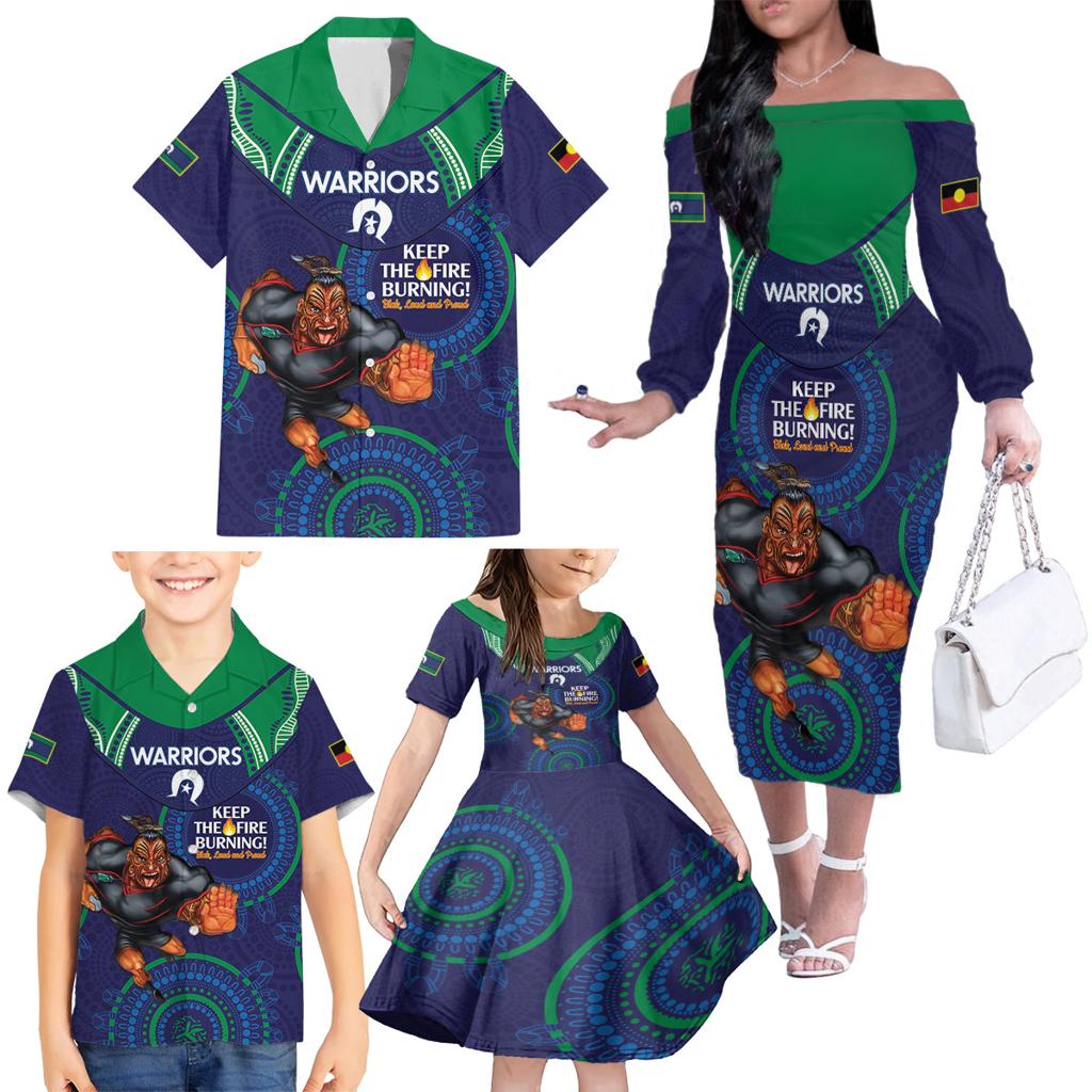 Custom NRL Warriors NAIDOC Week Family Matching Off The Shoulder Long Sleeve Dress and Hawaiian Shirt Keep The Fire Burning Indigenous Art