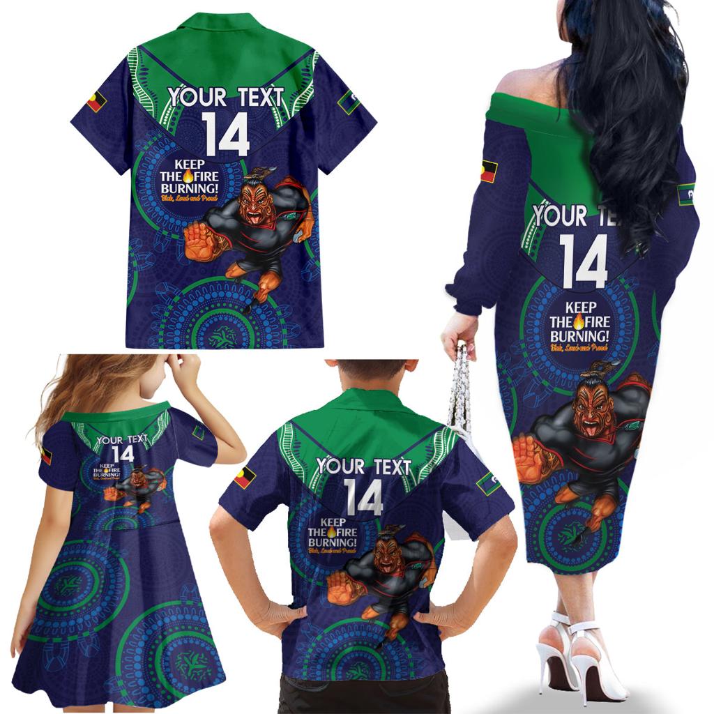 Custom NRL Warriors NAIDOC Week Family Matching Off The Shoulder Long Sleeve Dress and Hawaiian Shirt Keep The Fire Burning Indigenous Art