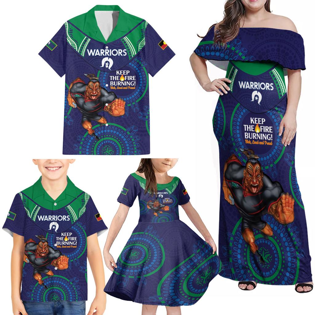 Custom NRL Warriors NAIDOC Week Family Matching Off Shoulder Maxi Dress and Hawaiian Shirt Keep The Fire Burning Indigenous Art