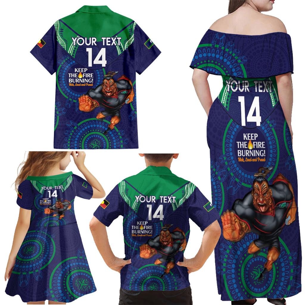 Custom NRL Warriors NAIDOC Week Family Matching Off Shoulder Maxi Dress and Hawaiian Shirt Keep The Fire Burning Indigenous Art