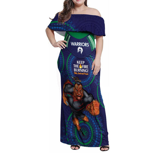 Custom NRL Warriors NAIDOC Week Family Matching Off Shoulder Maxi Dress and Hawaiian Shirt Keep The Fire Burning Indigenous Art