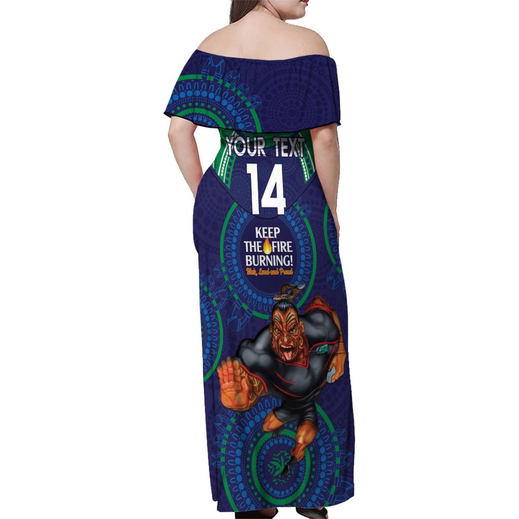 Custom NRL Warriors NAIDOC Week Family Matching Off Shoulder Maxi Dress and Hawaiian Shirt Keep The Fire Burning Indigenous Art
