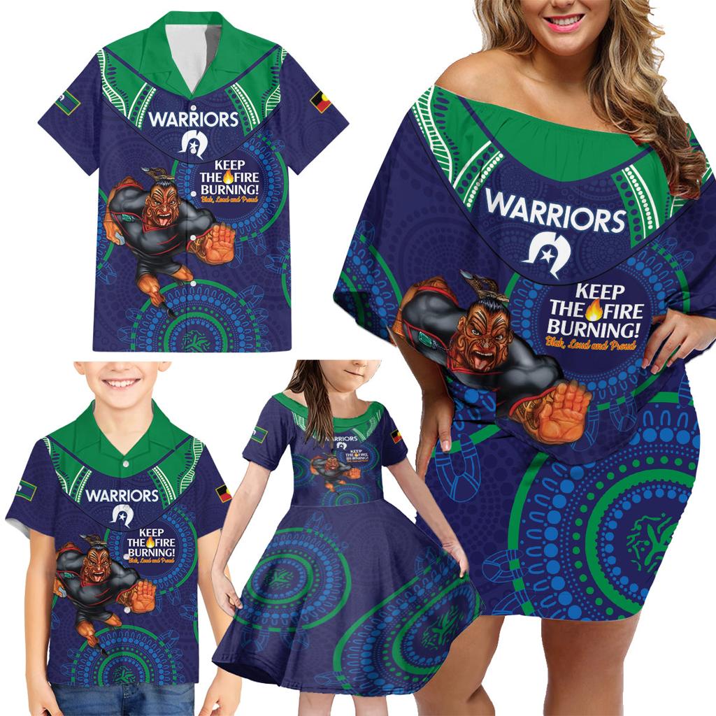 Custom NRL Warriors NAIDOC Week Family Matching Off Shoulder Short Dress and Hawaiian Shirt Keep The Fire Burning Indigenous Art