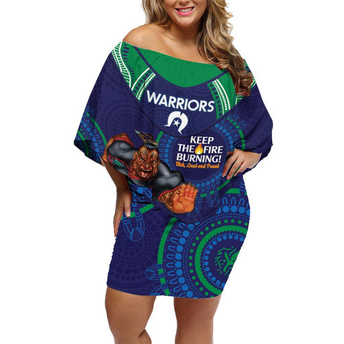 Custom NRL Warriors NAIDOC Week Family Matching Off Shoulder Short Dress and Hawaiian Shirt Keep The Fire Burning Indigenous Art