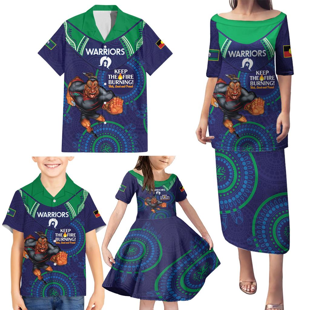Custom NRL Warriors NAIDOC Week Family Matching Puletasi and Hawaiian Shirt Keep The Fire Burning Indigenous Art