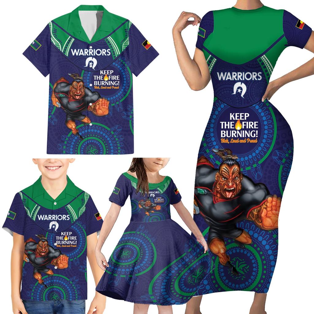 Custom NRL Warriors NAIDOC Week Family Matching Short Sleeve Bodycon Dress and Hawaiian Shirt Keep The Fire Burning Indigenous Art