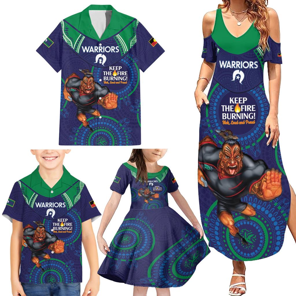 Custom NRL Warriors NAIDOC Week Family Matching Summer Maxi Dress and Hawaiian Shirt Keep The Fire Burning Indigenous Art