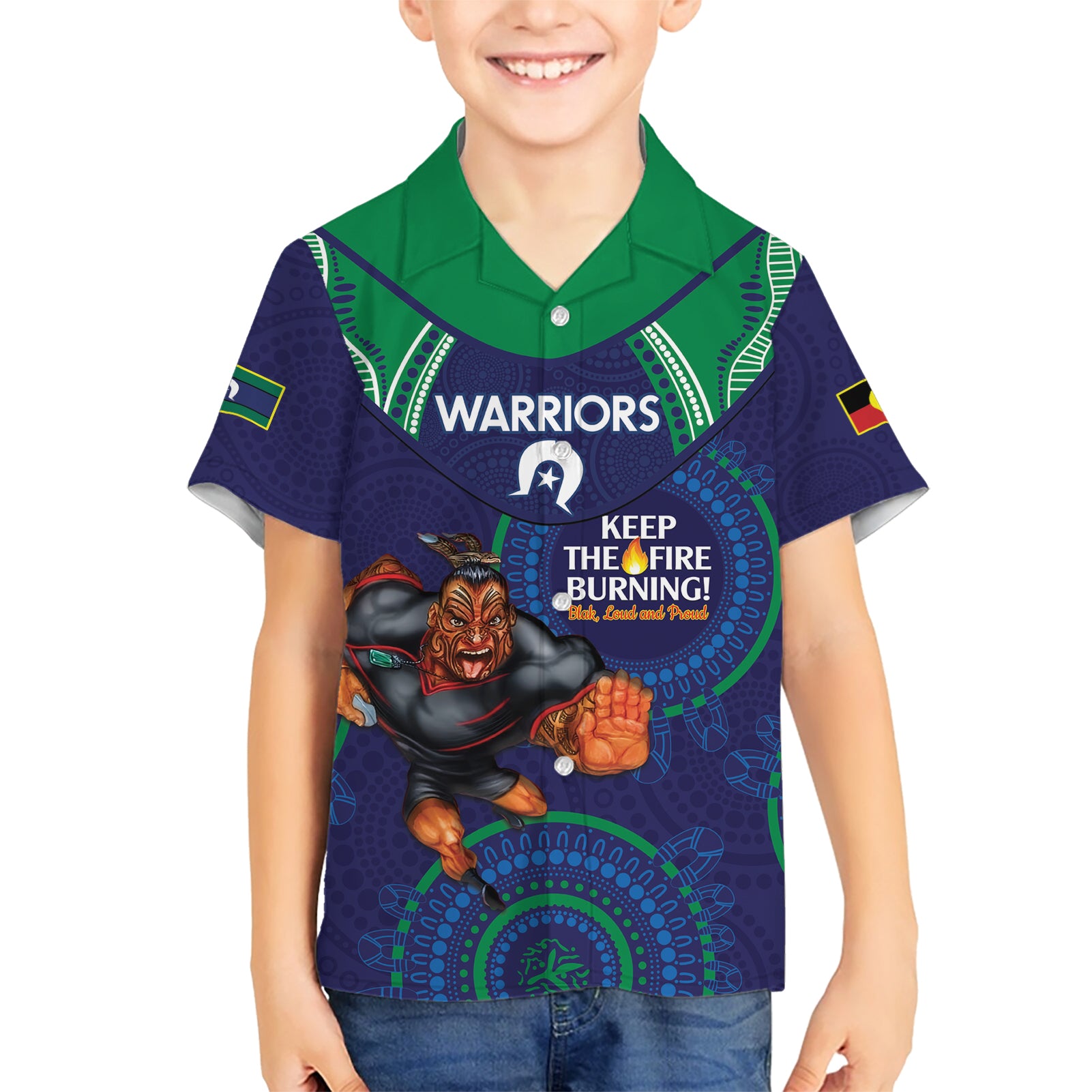 Custom NRL Warriors NAIDOC Week Kid Hawaiian Shirt Keep The Fire Burning Indigenous Art
