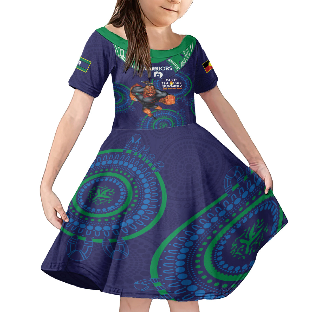Custom NRL Warriors NAIDOC Week Kid Short Sleeve Dress Keep The Fire Burning Indigenous Art