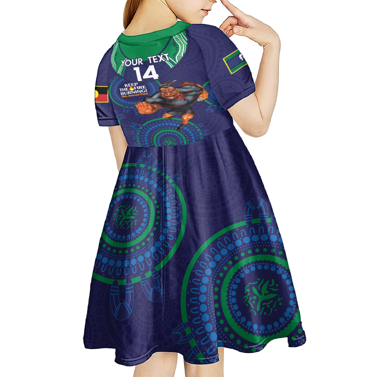 Custom NRL Warriors NAIDOC Week Kid Short Sleeve Dress Keep The Fire Burning Indigenous Art