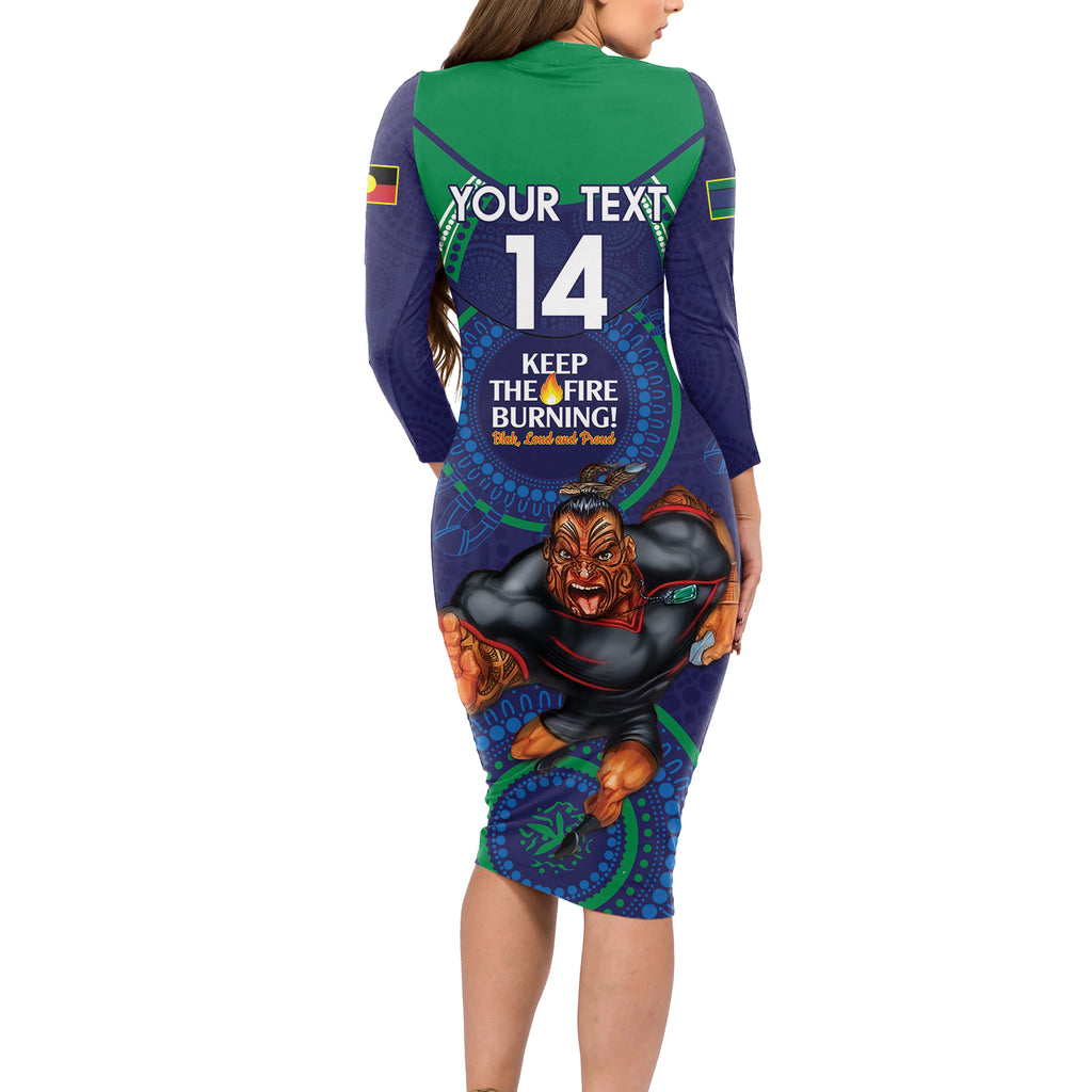 Custom NRL Warriors NAIDOC Week Long Sleeve Bodycon Dress Keep The Fire Burning Indigenous Art