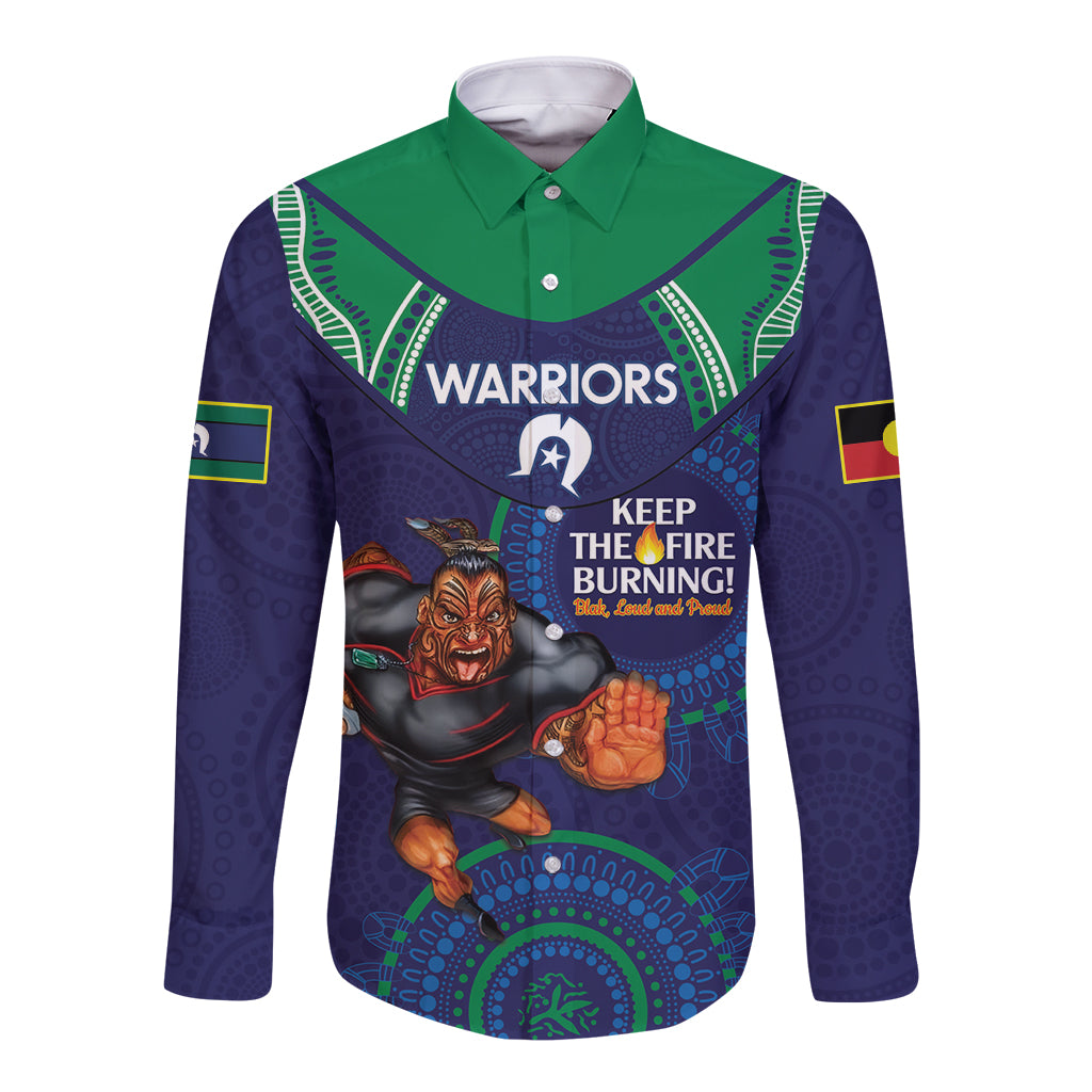 Custom NRL Warriors NAIDOC Week Long Sleeve Button Shirt Keep The Fire Burning Indigenous Art