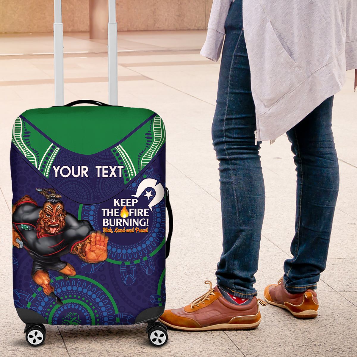 Custom NRL Warriors NAIDOC Week Luggage Cover Keep The Fire Burning Indigenous Art