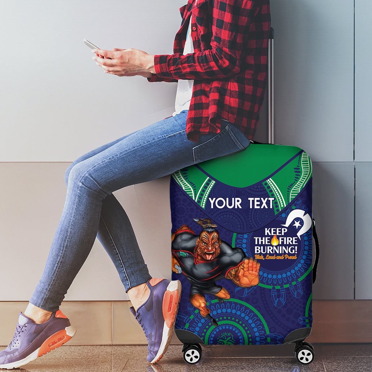 Custom NRL Warriors NAIDOC Week Luggage Cover Keep The Fire Burning Indigenous Art
