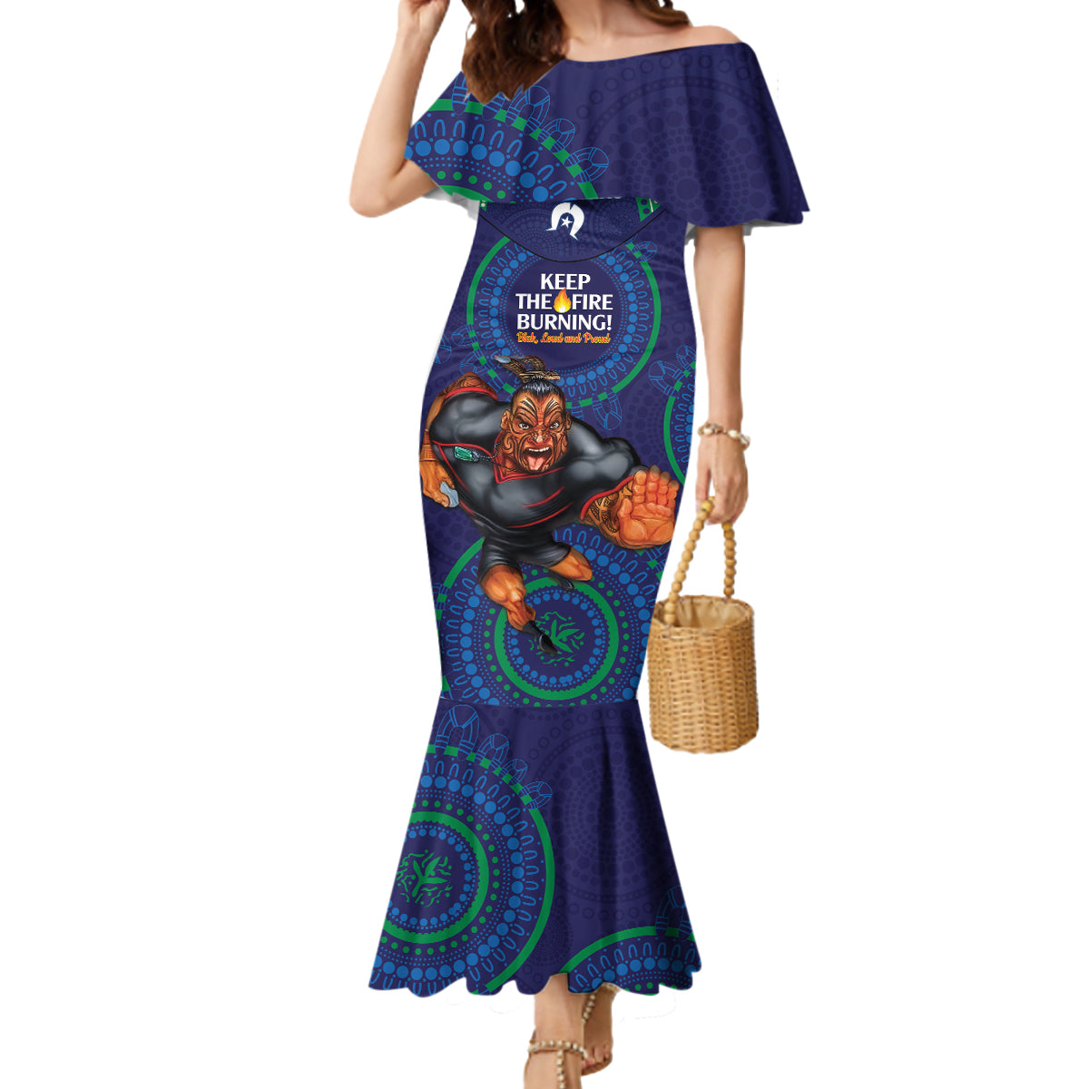 Custom NRL Warriors NAIDOC Week Mermaid Dress Keep The Fire Burning Indigenous Art