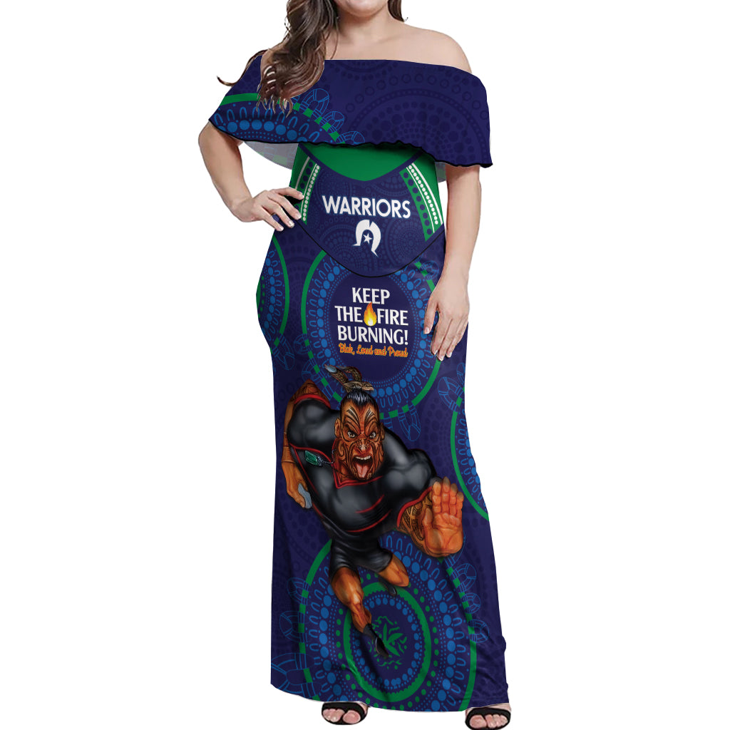 Custom NRL Warriors NAIDOC Week Off Shoulder Maxi Dress Keep The Fire Burning Indigenous Art