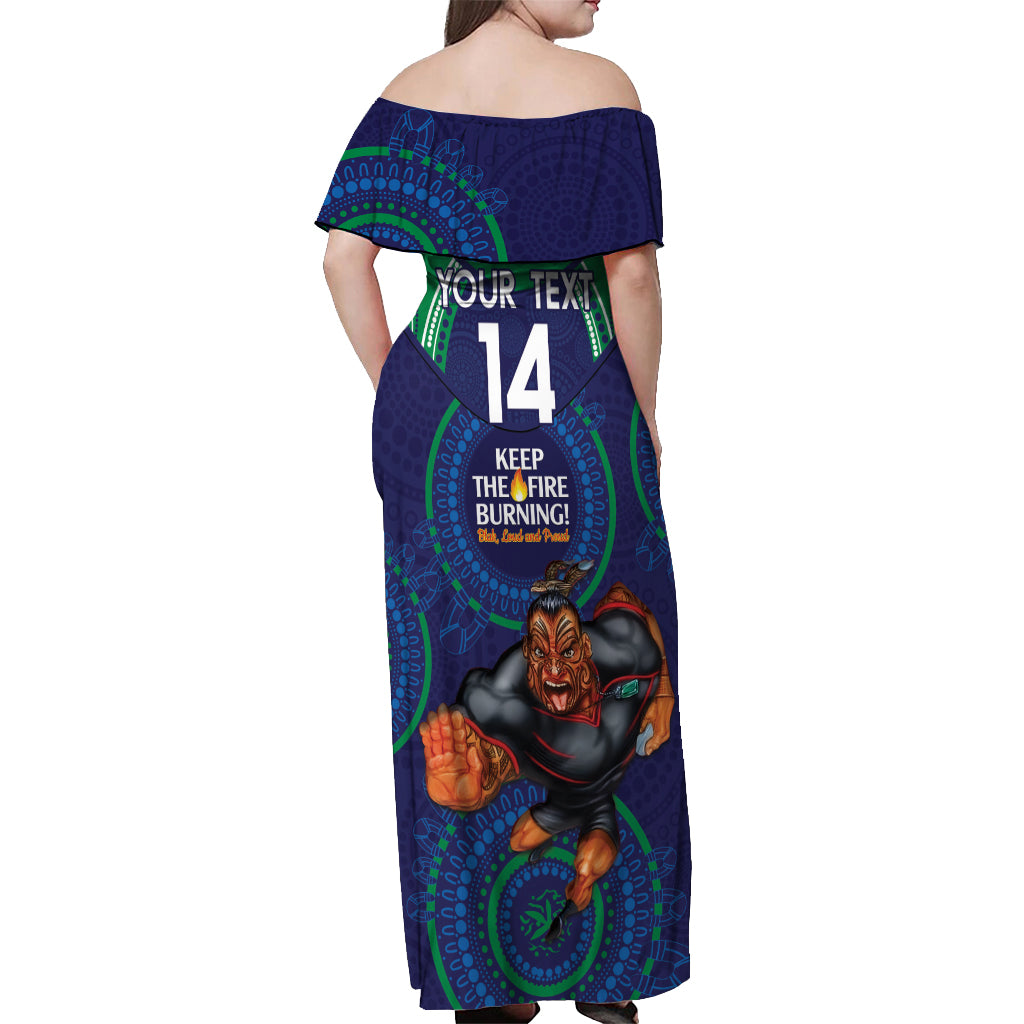 Custom NRL Warriors NAIDOC Week Off Shoulder Maxi Dress Keep The Fire Burning Indigenous Art