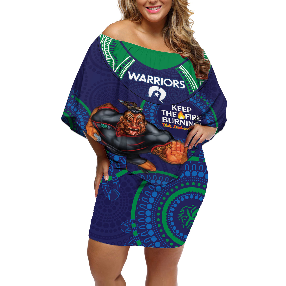 Custom NRL Warriors NAIDOC Week Off Shoulder Short Dress Keep The Fire Burning Indigenous Art