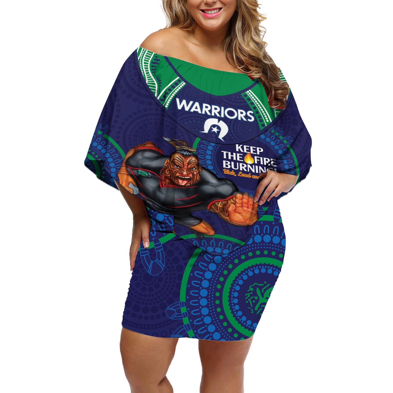 Custom NRL Warriors NAIDOC Week Off Shoulder Short Dress Keep The Fire Burning Indigenous Art