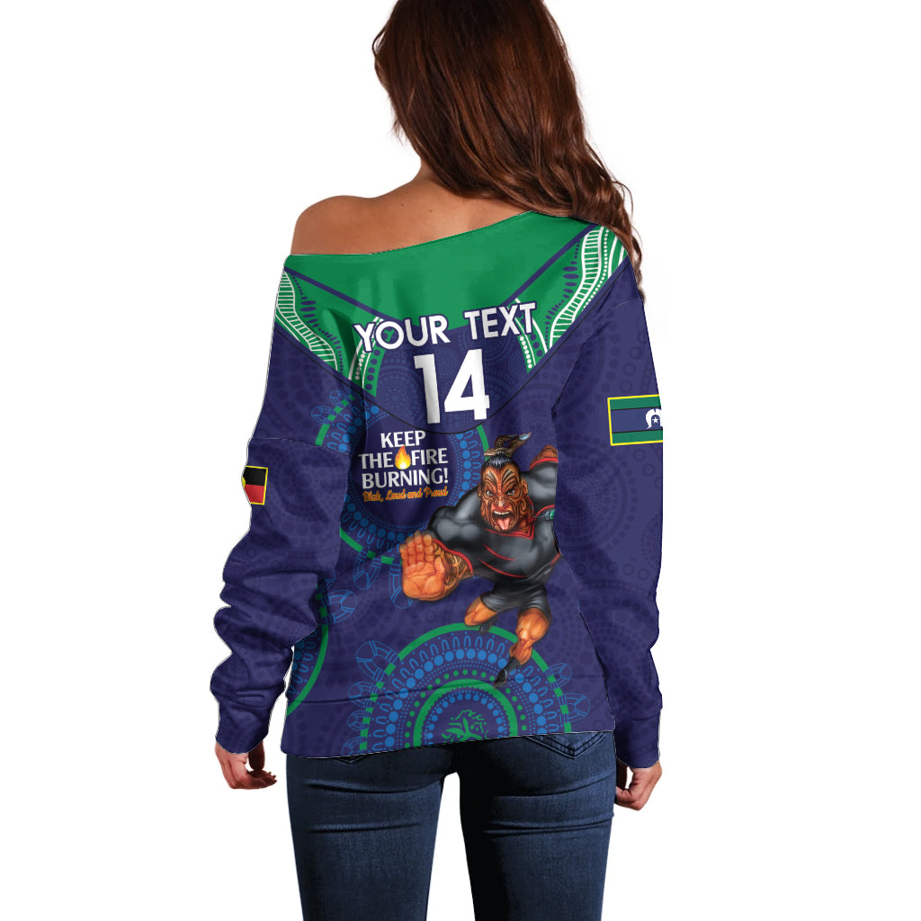 Custom NRL Warriors NAIDOC Week Off Shoulder Sweater Keep The Fire Burning Indigenous Art